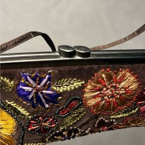 Marco Santi ~ Floral Embroidered and beaded Clutch ~ Brown velvet ~ Multicolor